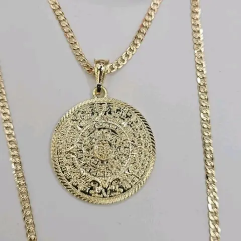 Aztec Calendar necklace cuban link chain gold-plated