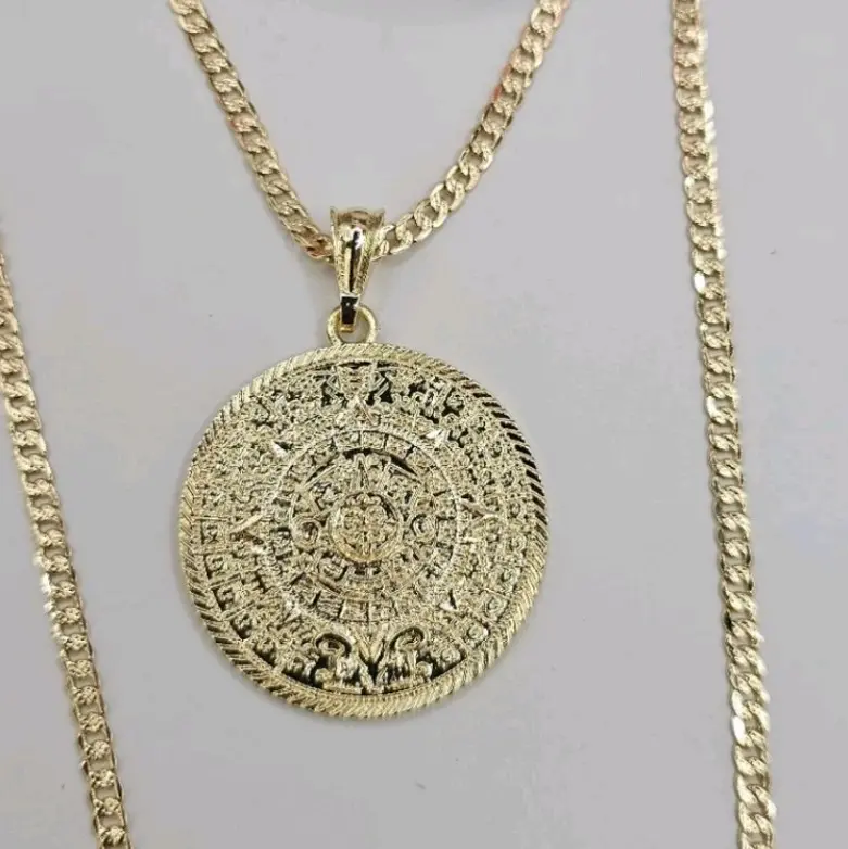 Aztec Calendar necklace cuban link chain gold-plated