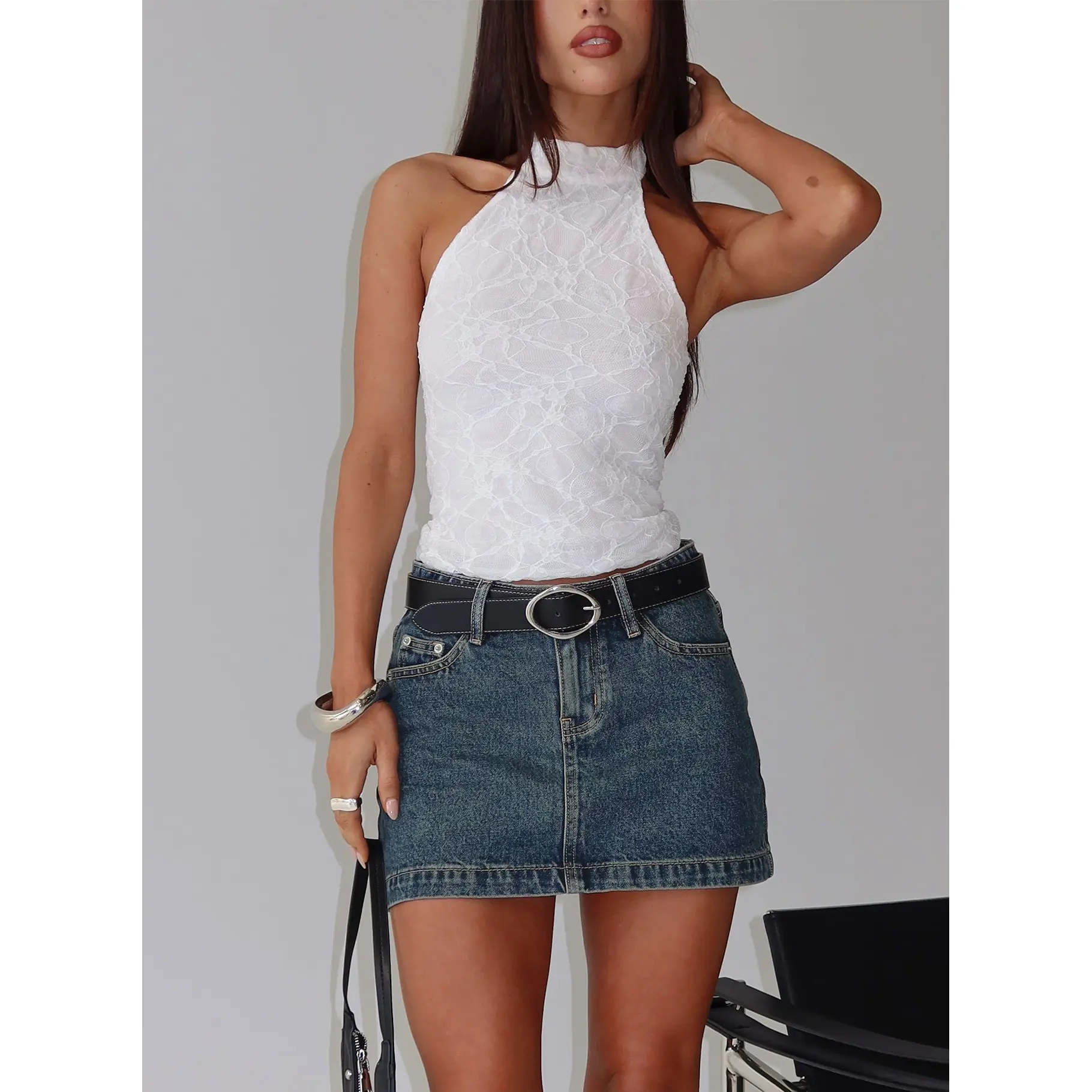 Nickei Denim Mini Skirt Washed Blue Tall
