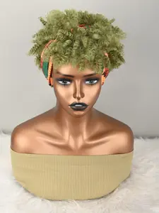 Women's 2-In-1 Hair Extension with Bangs and Scarf, Synthetic Short Curly Wig, High Puff Bun, Full Wig with Hat, Drawstring Ponytail