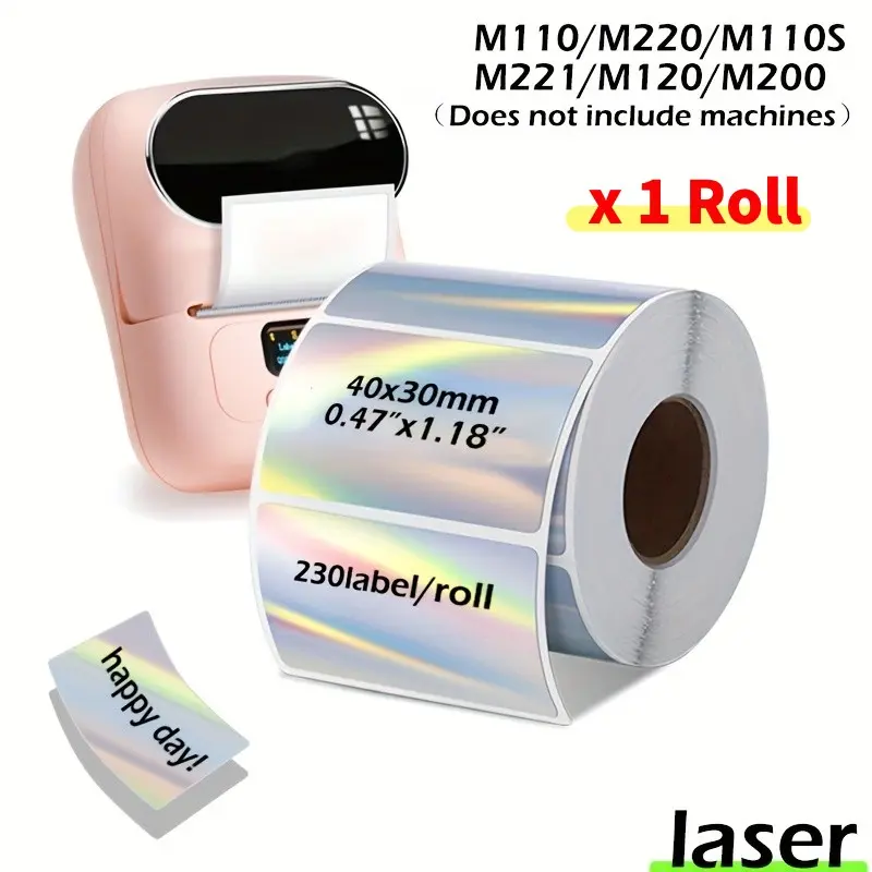 Laser Label Thermal Paper, Direct Thermal Labels, 40x30mm, 1 Roll/3 Rolls, Compatible with M110/m220/m100/m200 Printers, Holiday Gift Labels, Rainbow Holographic Stickers, Thermal Printing