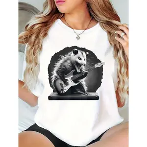 Women's White T-Shirt with Possum Playing Electric Guitar, Rock Music Festival Casual Outfit for Music & Animal Lovers 100% Cotton T-shirt