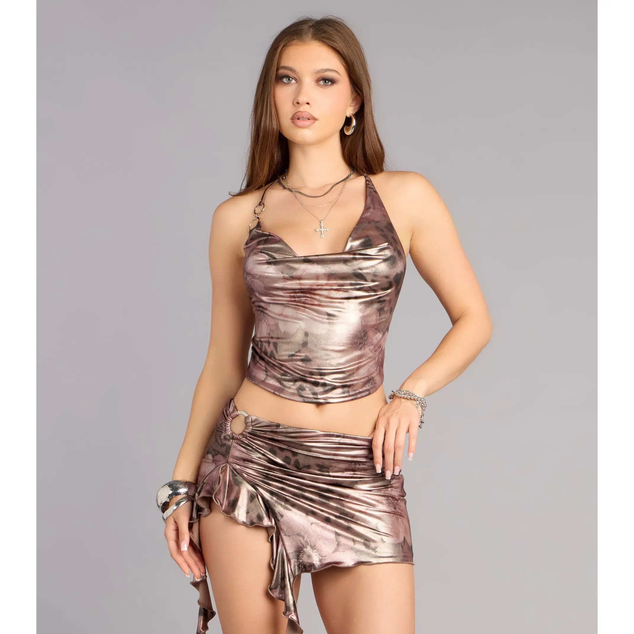 Sultry Glow Metallic Floral Print Halter Top
