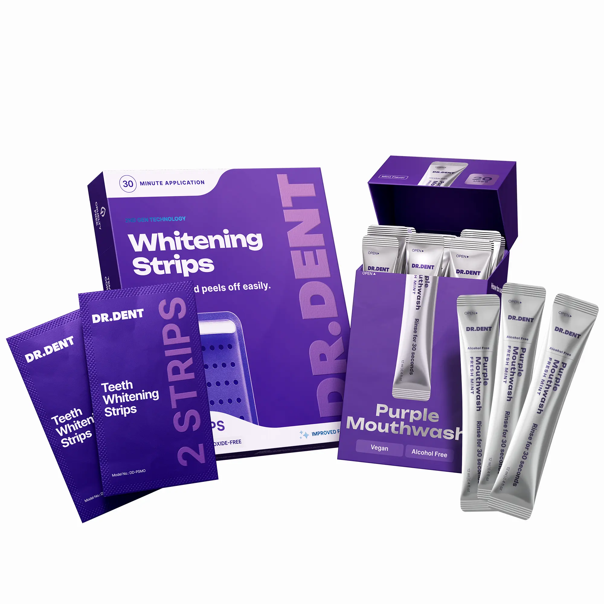 DR.DENT The Purple Duo - Purple Mouthwash [20 Uses] + Purple Teeth Whitening Strips - [7 Whitening Sessions]