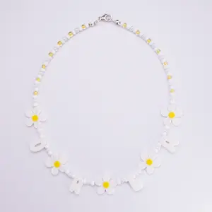 Custom Name Necklace – Daisy Beads + Bubble Letters (White & Yellow)