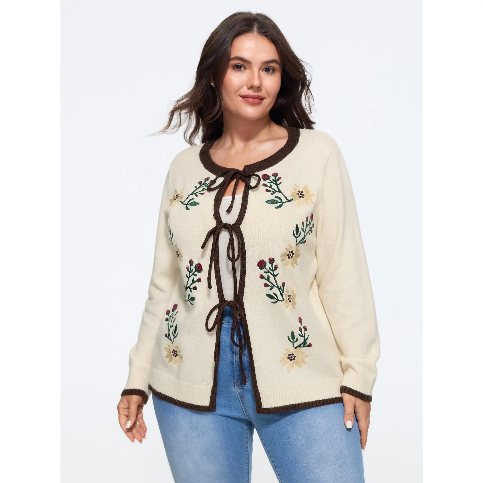 BloomChic Plus Size Floral Embroidery Contrast Trim Tie Front Cardigan[M-6X] Back To School,Spotlight Day