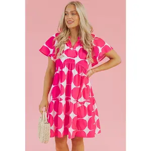 Rose Polka Dot Flutter Sleeve Notched Neck Tiered Flowy Dress