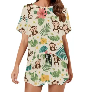 Adorable Monkey Tropical Print Pajama Set - Cream Short Sleeve Lounge Shorts - TikTok-Famous Comfy Summer Sleepwear - Women's Casual Matching Set