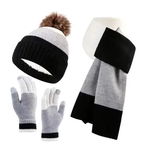 3-Piece Set Fashion Color-Block Knitted Hat, Scarf, and Fingerless Gloves for Men and Women - Soft, Warm, Thickened Winter Outdoor Casual Accessories (Essential for Autumn and Winter Daily Wear)