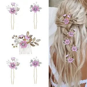 5 pieces purple floral wedding hair accessory set - pearl crystal hair comb and hairpin, suitable for romantic wedding hair styling, bridesmaid garden party hairstyles, formal occasion styling