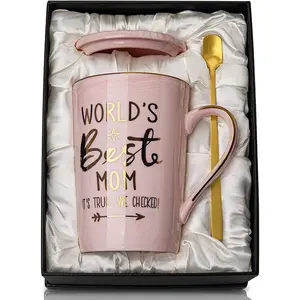Mothers Day Birthday Gifts for Mom from Daughter Son - 14Oz Funny Best Mom Mug with Gold Print, Unique Pink Marble Coffee Cup with Lid Spoon Greeting Card, Happy Moms Gifts Idea, Luxury Gift Boxed Set ALBISS