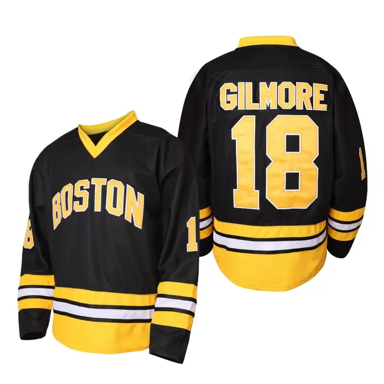 Boston Happy Gilmore #18 Adam Sandler 1996 Movie Stitched Ice Hockey Jersey, Vintage Long-Sleeve V-Neck Athletic Apparel with Stitched Letters & Numbers, Sportswear, Long Sleeves, Boston Team, Unisex, Party Wear, Polyester Mesh