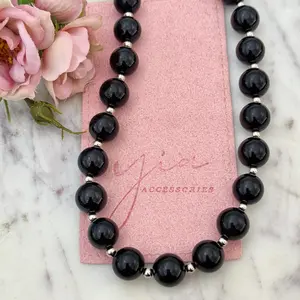 Gold Filled Layered Chain Necklace with Chunky Black Onyx Beads, 17-19 Inch Adjustable Chain Jewelry for Women, Beaded Necklace, Chain Jewelry Necklaces