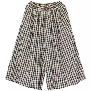 Women's cotton and linen pants elastic waist plaid plaid wide-leg cropped pants wide-leg pants