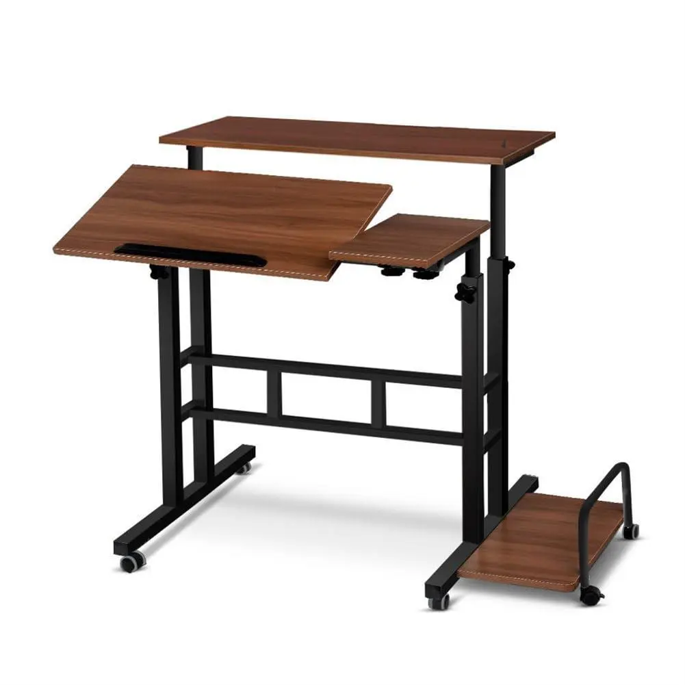 GARVEE Portable Adjustable Standing Desk (26.4"-61"), Rolling Mobile Computer Desk with Wheels, Tiltable Top, CPU Stand, Home Office Laptop Table Cart, Dark Walnut, Rolling Standing Desk