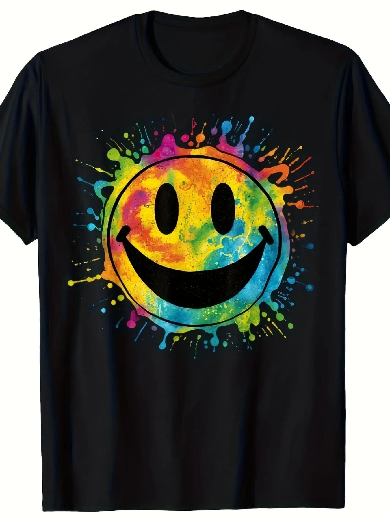Rainbow Paint Splash Tie Dye Unisex T-Shirt for Men & Women - Smiley Face Psychedelic Graphic, Soft Cotton Crew Neck Short Sleeve, Comfortable All-Season Tee, Perfect for Everyday Casual & Happy Style, Summer Spring, Machine Washable
