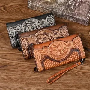 Viral Genuine Leather Long Wallet Vintage Embroidered Clutch Large Capacity Card Holder Cash Pocket Purse for Women