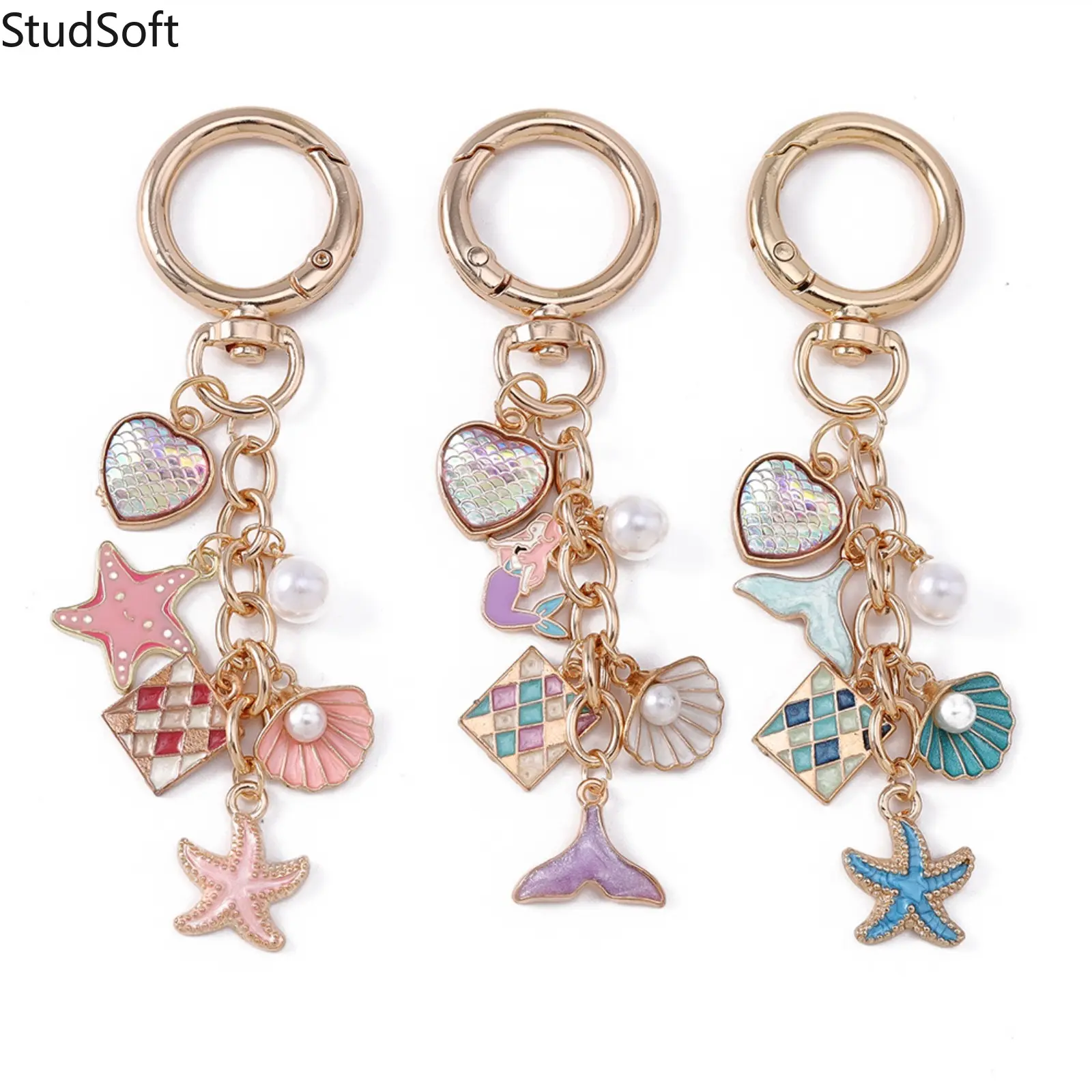 Cute Keychain Bag Charm for Women, Kawaii Ocean Themed Wristlet with Glitter Seashell, Mermaid Tail, Starfish, and Faux Pearl Accents, Multi Pendant Keychain, Cute Keychains