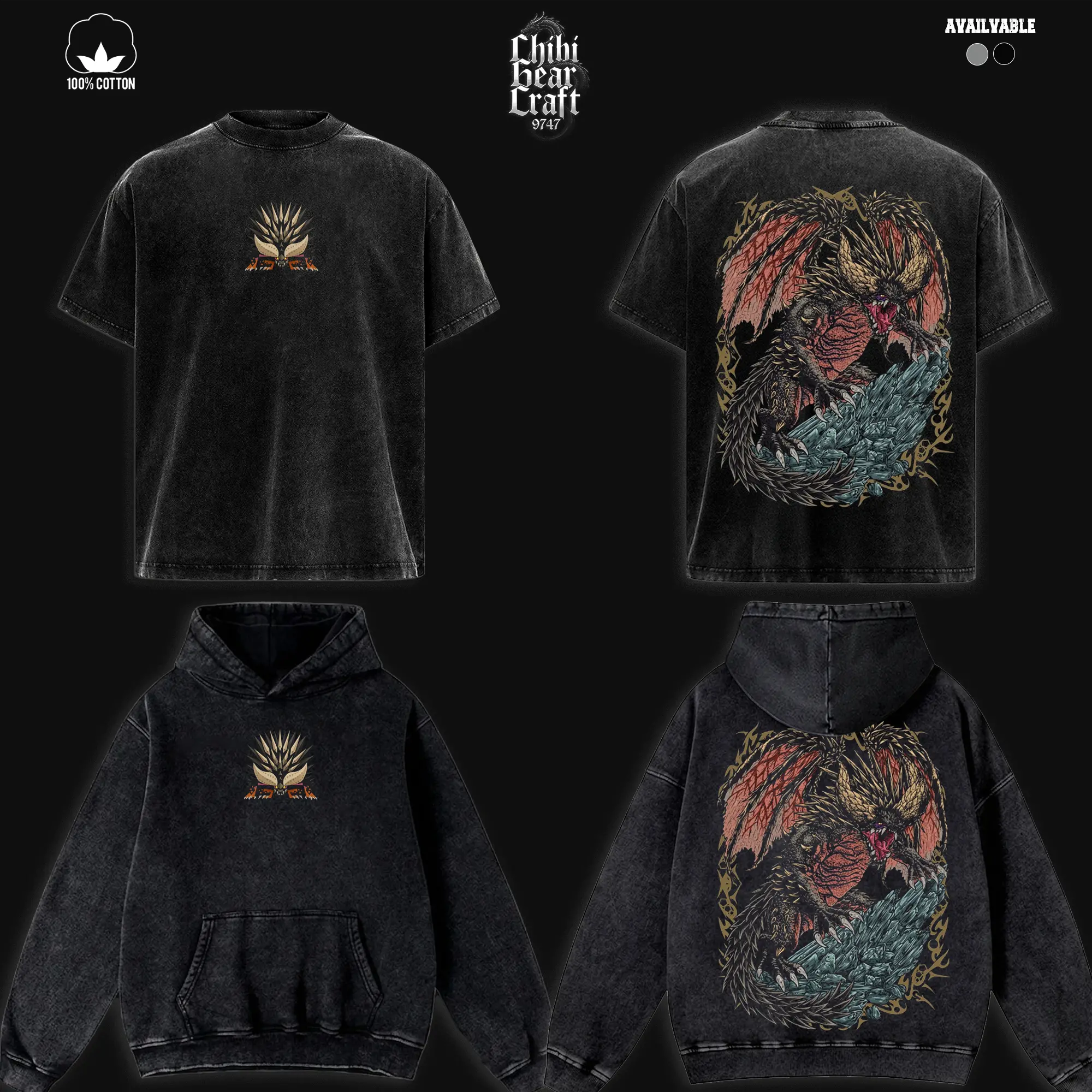 Monster Hunter Nergigante Shirt Vintage Washed Oversized Hoodie Retro Gaming Spiked Dragon Graphic Tee Faded Y2K Streetwear Dark Fantasy Merch