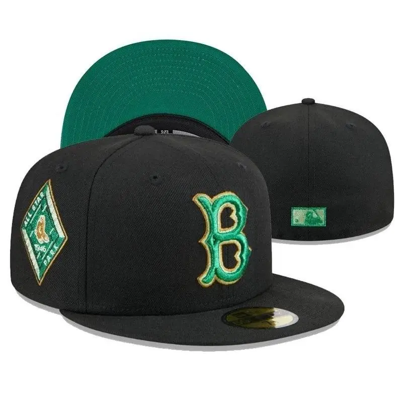 New Era Boston Red Sox 59FIFTY Fitted Cap – Black MLB Baseball Hat with Green Undervisor, Raised Embroidered Logo & 1946 All-Star Game Side Patch.