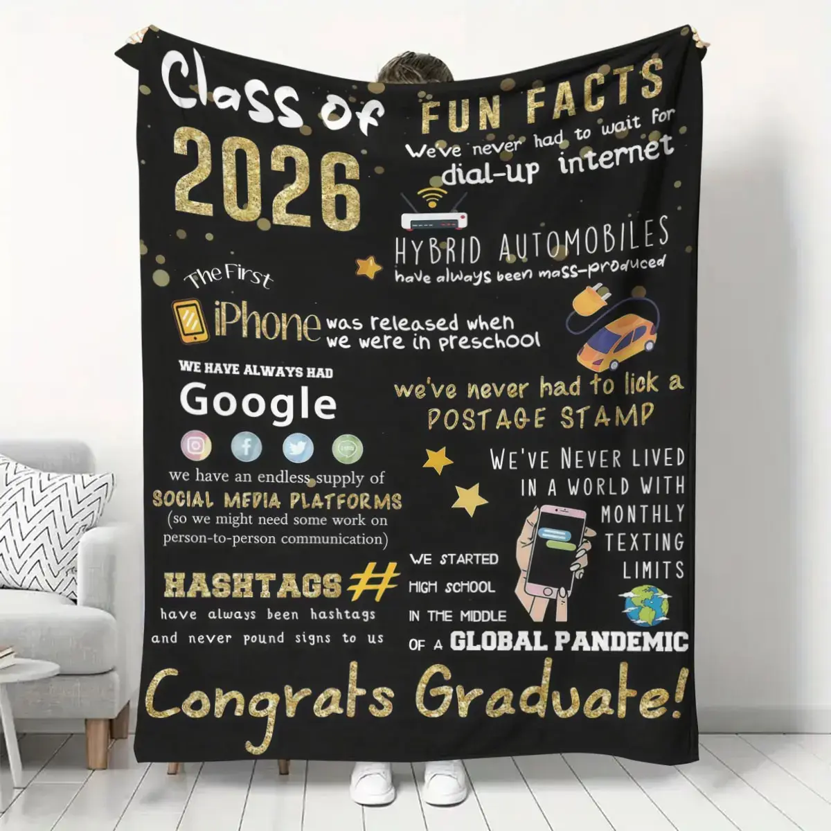 Graduation Flannel Blanket Throw - Black Decorative Giftable Blankets for Class of 2026 Graduates (High School, College, Masters Degree), Cozy Aesthetic Soft Fuzzy Plush Fleece, Ideal for Sofa Couch Bed