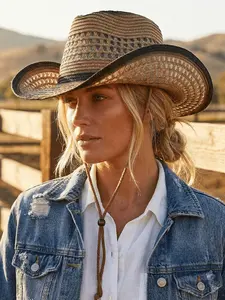 1PC Western Cowboy Straw Hat, Fashion Wide Brim Hollow Out Sun Hat, Ethnic Style Travel Breathable Sun Hat, Casual Loose-Fit All-Season Hat