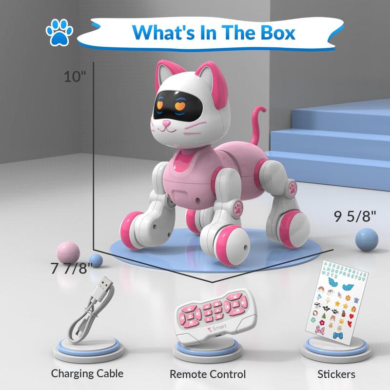 Programmable Remote Control Robot Cat Dog for Kids, Interactive Robotic Cat, Robo Cat, RC Robot with Touch Sensing, LED Eyes, Dance & Music, Sticker (White)7