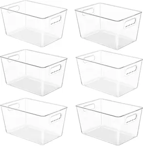 6 Pack Clear Pantry Organizer Bins, Plastic Containers with Handle for Kitchen,Freezer,Cabinet,Closet,Bathroom Under Sink Storage