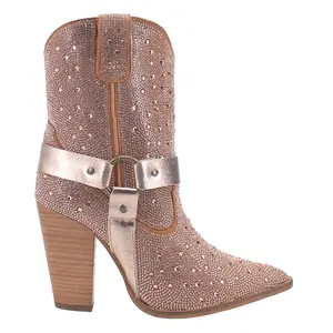 Dingo Womens Crown Jewel Rhinestone Snip Toe Zippered  Casual Boots Ankle High Heel 3" & Up - Pink