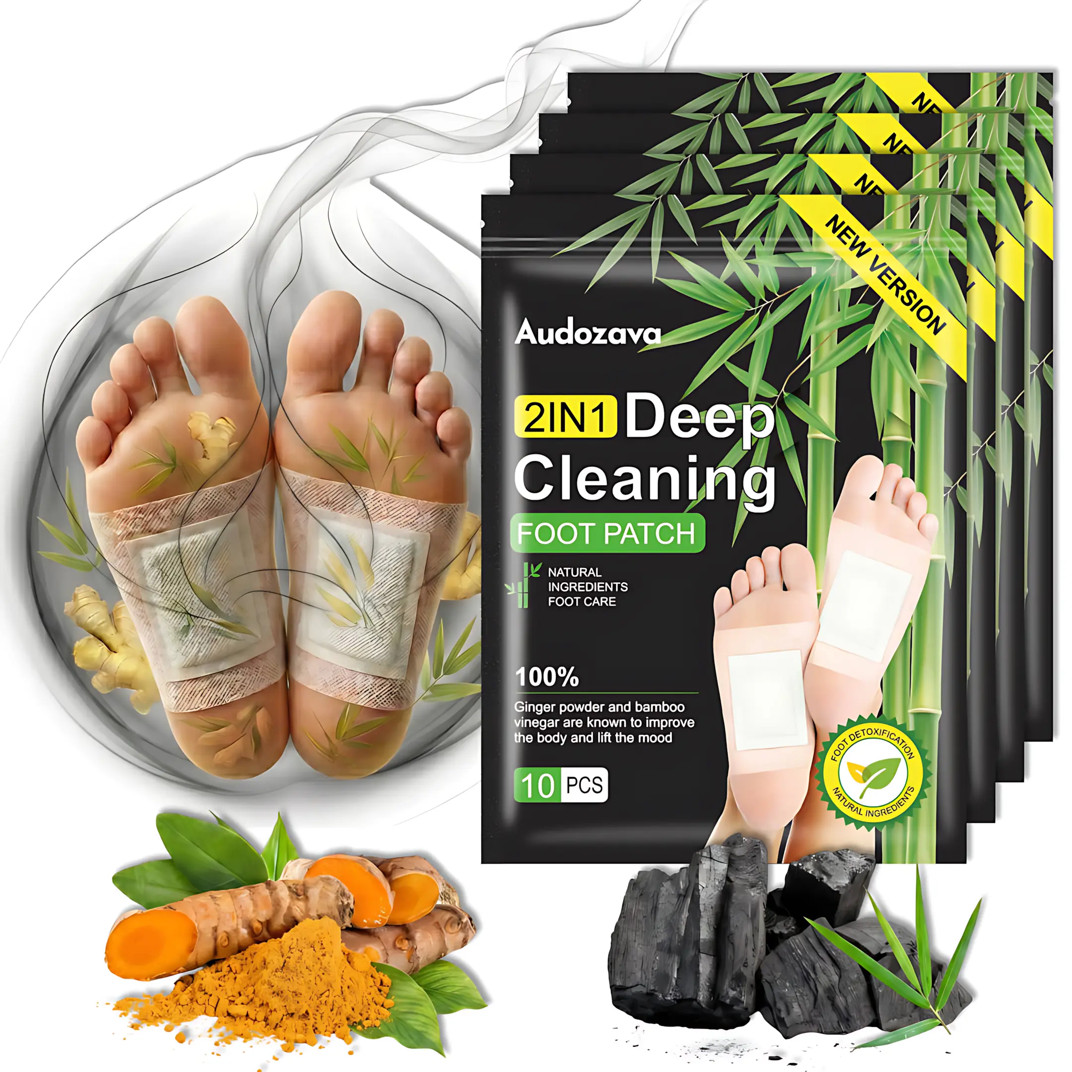 10 /20/40PCS 2-in-1 Bamboo Charcoal Foot Patches, Ginger & Bamboo Vinegar Deep Cleansing Foot Pads, Overnight Foot Care for Tired Feet