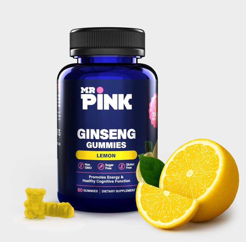 Natural Ginseng Gummies for Energy | Focus Brain Health & Stress Relief | Non-GMO, Sugar Free |  Lemon Flavor |Boost Energy & Stamina |  Dietary Supplement by MR. PINK