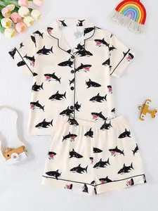 Fire-Retardant Sleepwear Set, Short Sleeve Button-Front Cardigan & Shorts, Casual Shark Print, Unisex, All Seasons