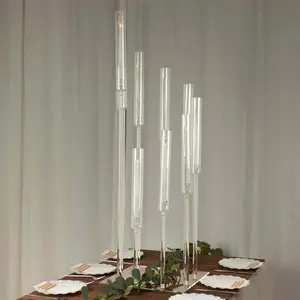 9-Arm Acrylic Cluster Taper Candelabra with Square Base 4ft Clear - Stylish Candle Holder Table Centerpiece for Pillar Candles & Events