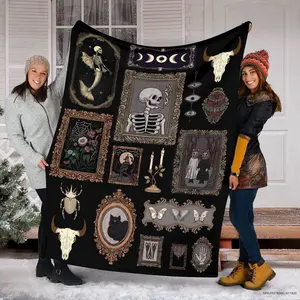 Spooky Picture Frame Blanket, Halloween Skeleton Blanket, Black Cat Blanket, Dark Academia, Goth Home Decor