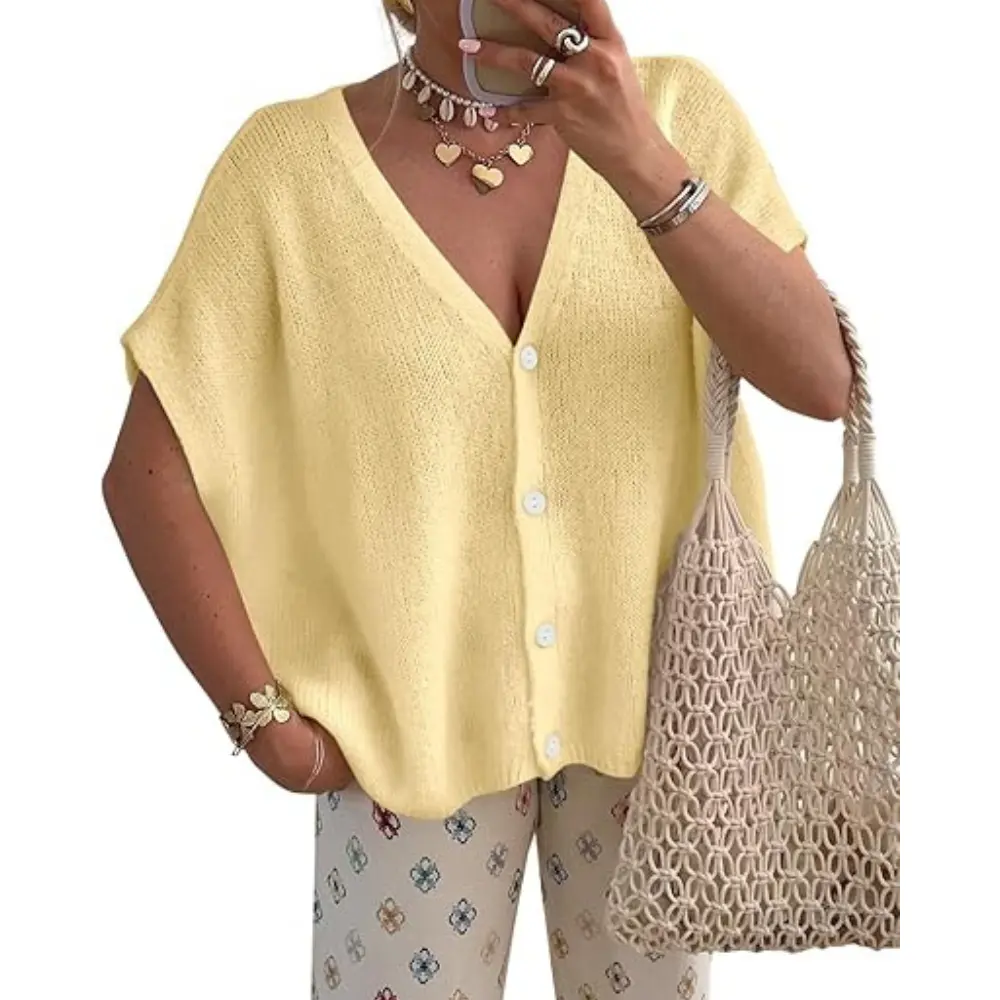 PRETTYGARDEN Womens  Summer Oversized Cardigans Batwing Short Sleeve Lightweight Button V Neck Casual Knit Sweater Tops