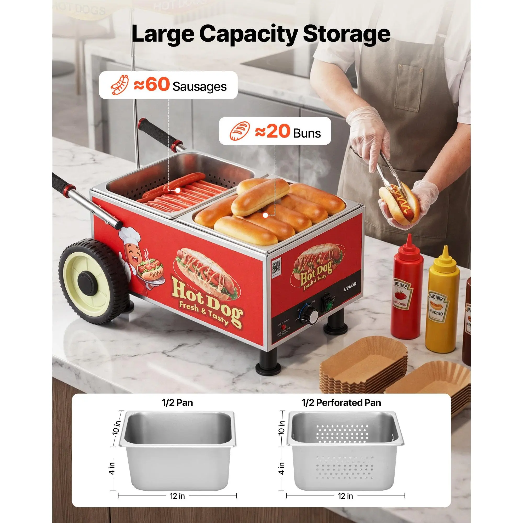 Summervibes VEVOR M-112 Model Electric Hot Dog Steamer Cart, 1200W