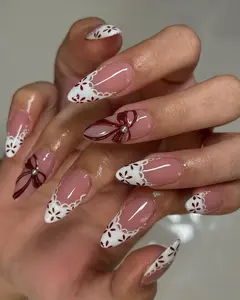 H90 Red Bow Christmas Press On Nails, Handmade Winter Nails Press On, Elegant Christmas Nails, White French Tips Nail Art, Daily Pink Nails