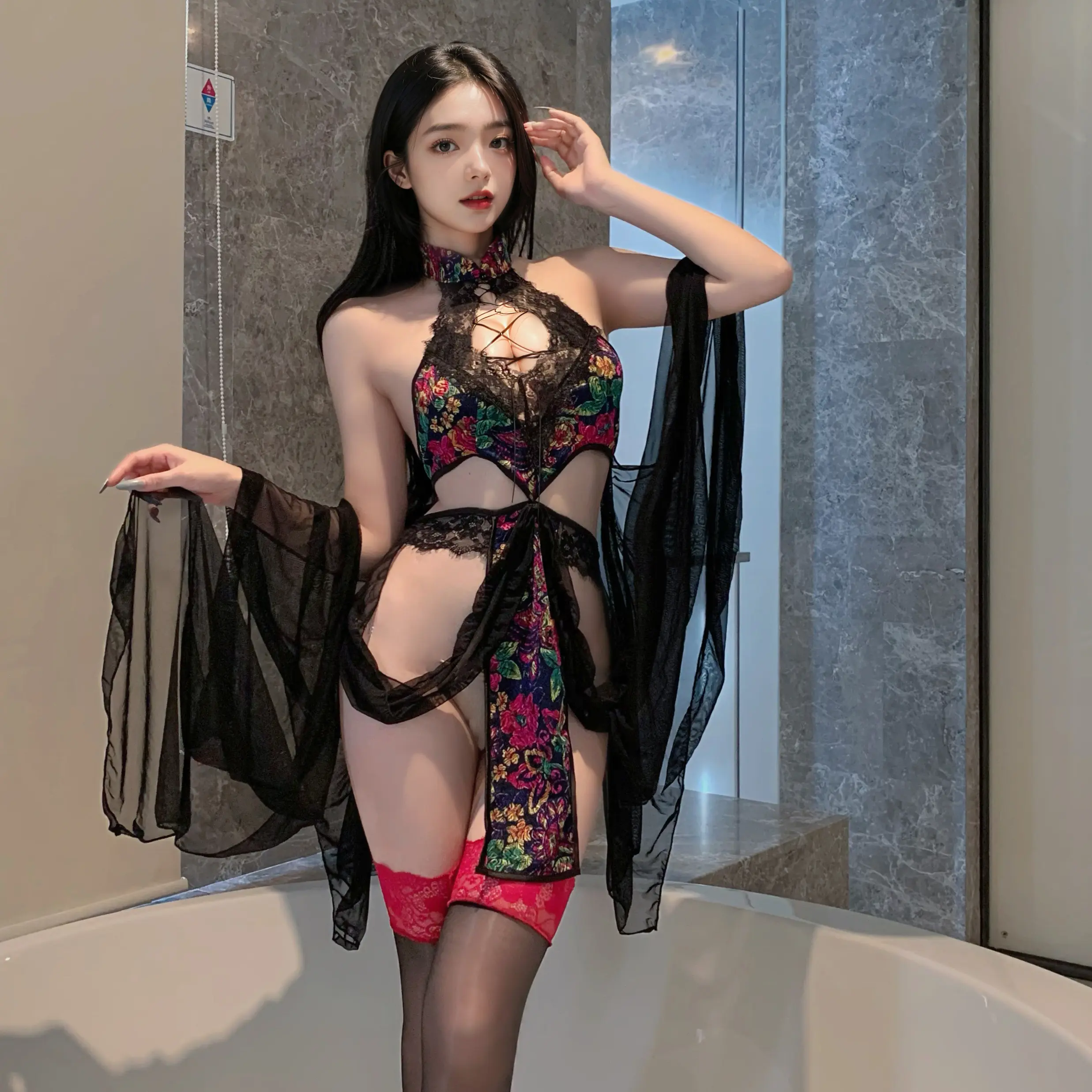 Braroo Oriental Style Lace Qipao Set - Exotic Embroidery Dress with Flowing Sleeves + Matching Stockings