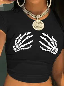 Women's Halloween Skeleton Hand Print Round Neck Tee, Street Fashion Casual Short Sleeve T-shirt for Daily Holiday Vacation Outdoor Wear, Ladies Clothes for Summer