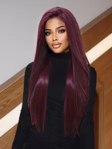 26 Inch Burgundy Long Layered Straight Wigs for Women, Gorgeous Fluffy Wigs without Bangs, Synthetic Lace Front Wigs for Party, Daily Use, Machine Made Wig