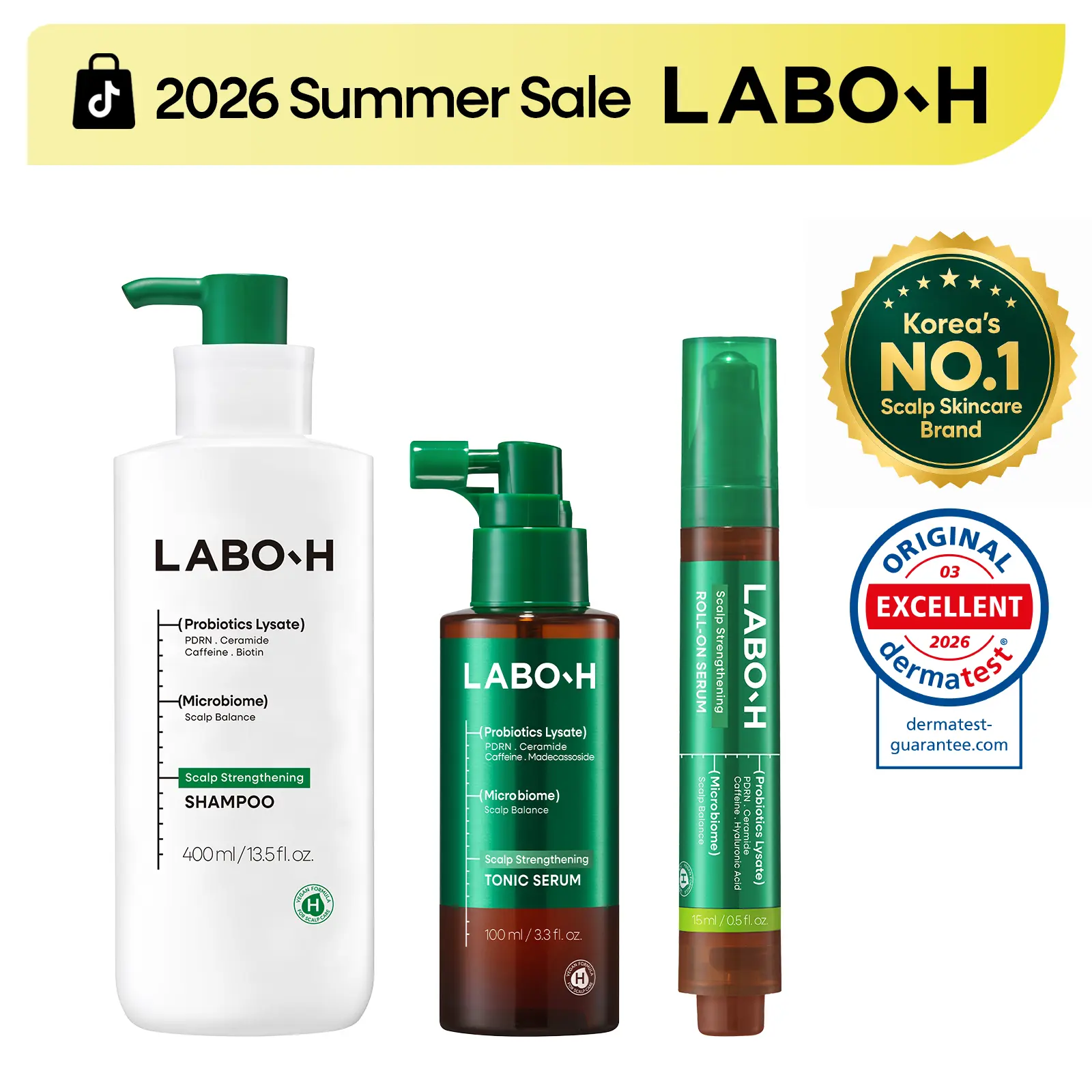 LABO-H Hair Growth Synergy Trio, Without Silicones | PDRN Shampoo, Cooling Scalp Tonic & Roll-On Serum | Korean Haircare