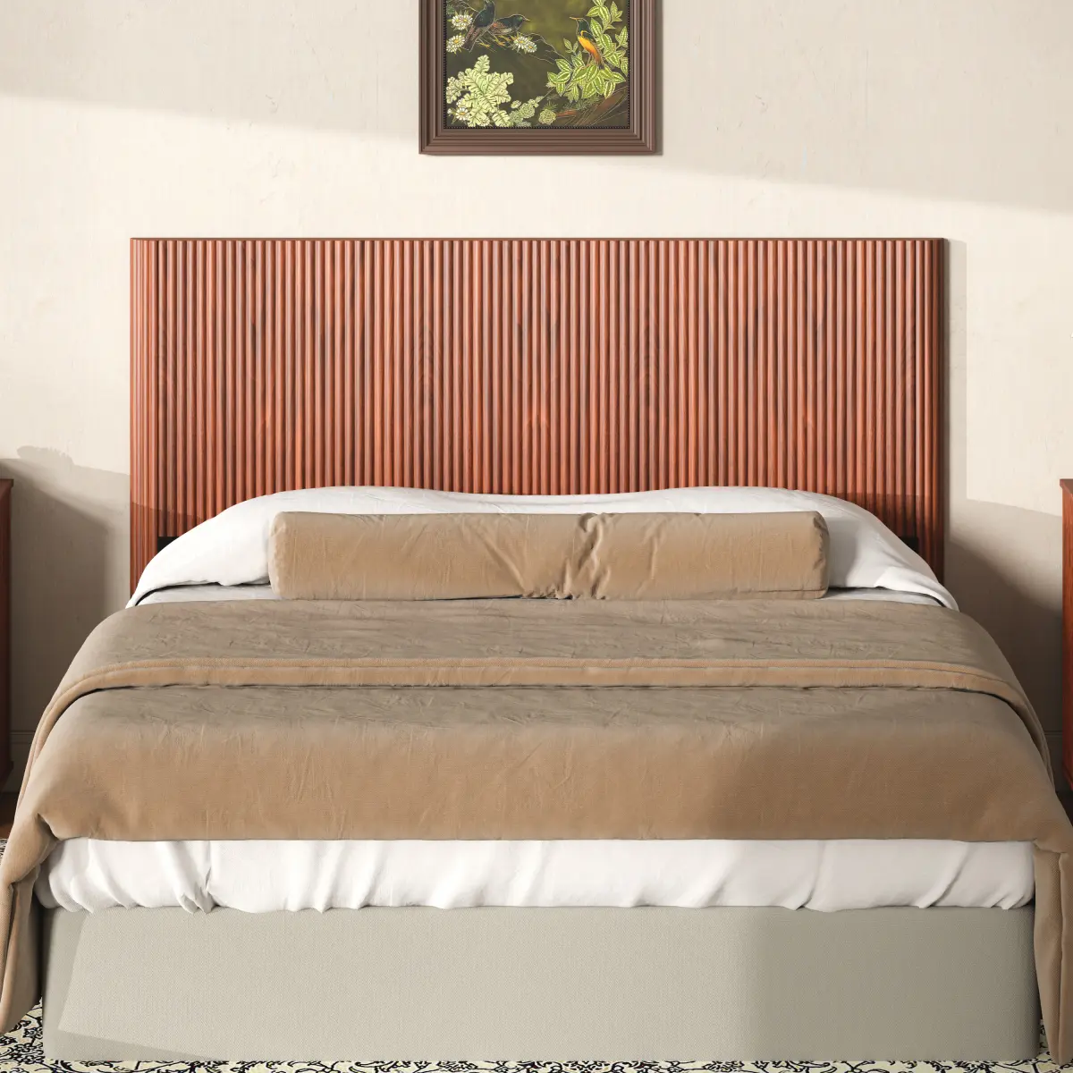 Queen Size Walnut Modern Wooden Headboard - Arched Corded Design, Vertical Grain, Rustic Farmhouse Vintage Style, 65.4" W x 44.5" H, Iron Frame, 37.30 lbs, Easy Assembly Required, Indoor Bedroom Furniture Headboard