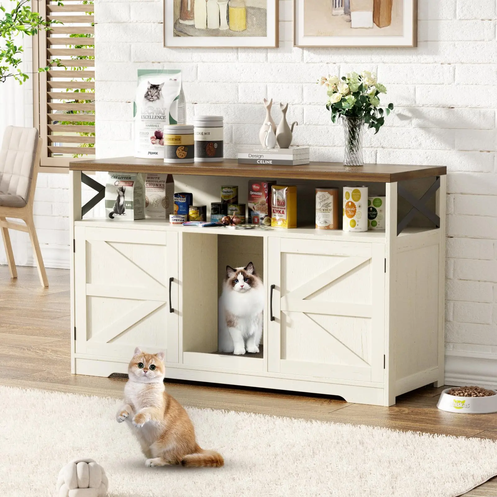[Summergarden] Vabches Cat Litter Box Enclosure for 2 Cats, 47" Double Hidden Litter Box Furniture Cat Washroom with Cat Scratch Pad, Farmhouse Indoor Litter Box Cabinet