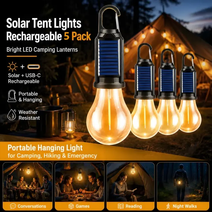 Solar LED Lights with Hook,Type-C Rechargeable,IPX4 Waterproof,3 Lighting Modes (High/Low/Strobe),Portable Outdoor Waterproof Emergency Light Bulb,Solar-Powered,Sleek Design– Portable,Durable Lights for Camping&Hiking&Backpacking&Emergency Outage