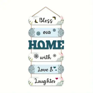 Wooden Wall Art Hanging Decor Set, Blessing for Home and Visitors, Blue Living Room Bedroom Kitchen Decoration, Modern Gift