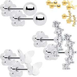 20 Gauge CZ Gem Ball Arch Butterfly Reversible Flower Flat Back Earring Set of 6