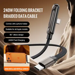 Foldable Right-Angle Type-C Braided Charging Cable with Phone Stand 240W Fast Charging, Compatible with iPhone 15