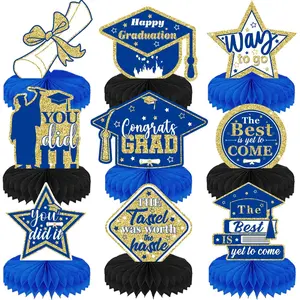 Graduation Centerpieces for Tables, 9 count Graduation Table Decorations,  Royal Blue Congrats Grad Honeycomb Centerpieces Table Toppers, Photo Props for Class of 2026 Grad Party Favors