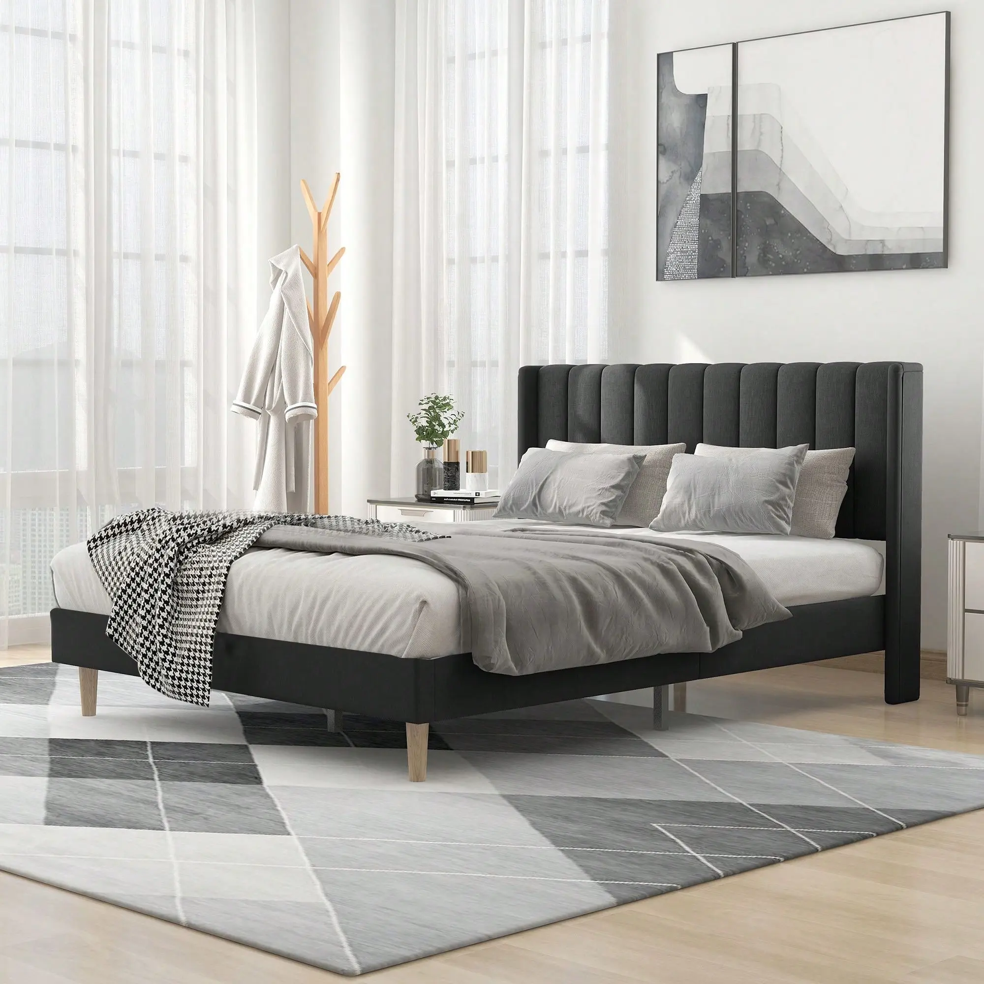 Classic Upholstered Platform Bed Frame with Headboard - Mattress Foundation, Strong Wooden Slats Support, No Box Spring Needed