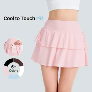 FireSwan 2026 Y2K Women's Solid Nylon Lettuce Trim Tiered Ruffle Hem Mini Skirt - Elegant Tie-Side Bottoms with Built-In Shorts, Basic Greenish Style for Daily Wear, Skirts,summervibes outdoorfun,summerwins